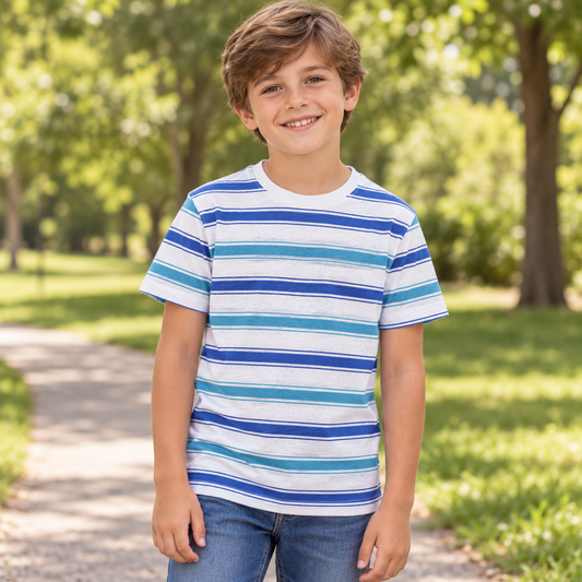 ORDER#: CA-K2-P1C2 55% Hemp, 45% Organic Cotton Jersey Light/medium/dark BlueStripes - Weight: 5 oz. Width: 72"