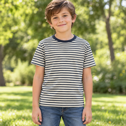 ORDER#: CA-K3-STRIPE 55% Hemp, 45% Organic Cotton Jersey Navy Stripes - Weight: 6.2 oz. Width: 52"
