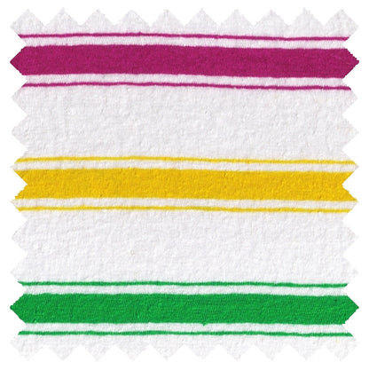 ORDER#: CA-K2-P1C1 55% Hemp, 45% Organic Cotton Jersey  Fucia/Green/Yellow Stripes - Weight: 5 oz. Width: 72"