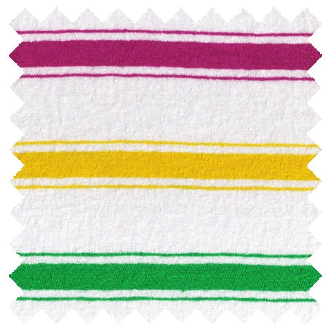 ORDER#: CA-K2-P1C1 55% Hemp, 45% Organic Cotton Jersey  Fucia/Green/Yellow Stripes - Weight: 5 oz. Width: 72"