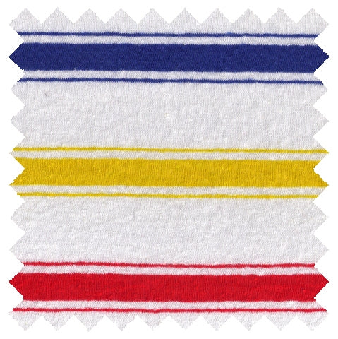 ORDER#: CA-K2-P1C3 55% Hemp, 45% Organic Cotton Jersey Red/Blue/Yellow Stripes - Weight: 5 oz. Width: 72"