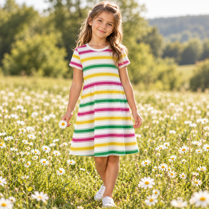 ORDER#: CA-K2-P1C1 55% Hemp, 45% Organic Cotton Jersey  Fucia/Green/Yellow Stripes - Weight: 5 oz. Width: 72"