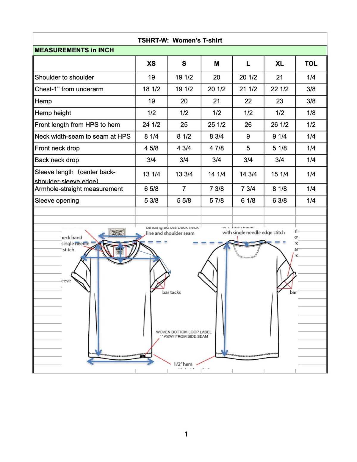 Women's Heavyweight Hemp T-Shirt – Technical Specifications