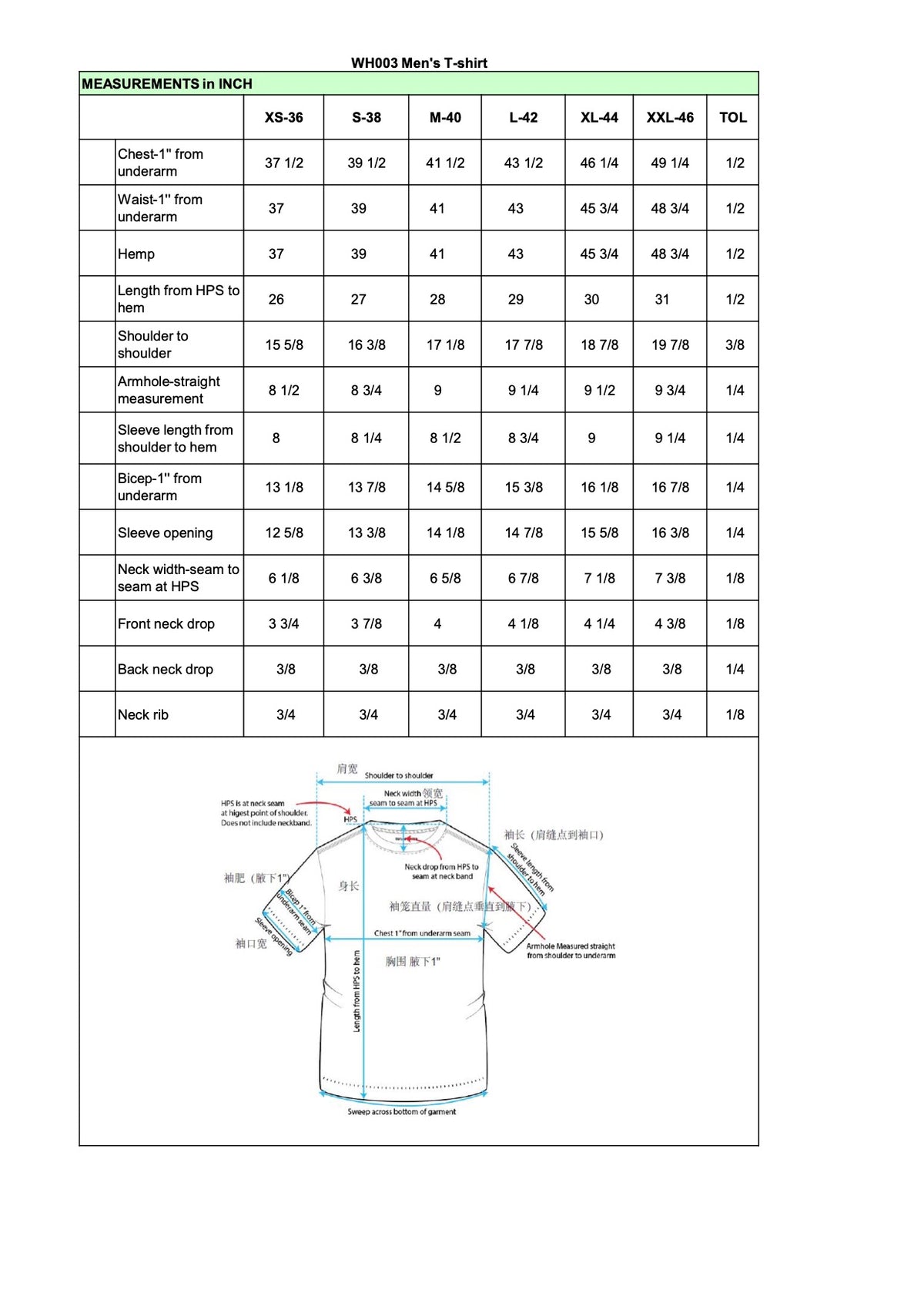 Men's Heavyweight Hemp T-Shirt, Order #: TSHRT-M2 – Technical Specifications